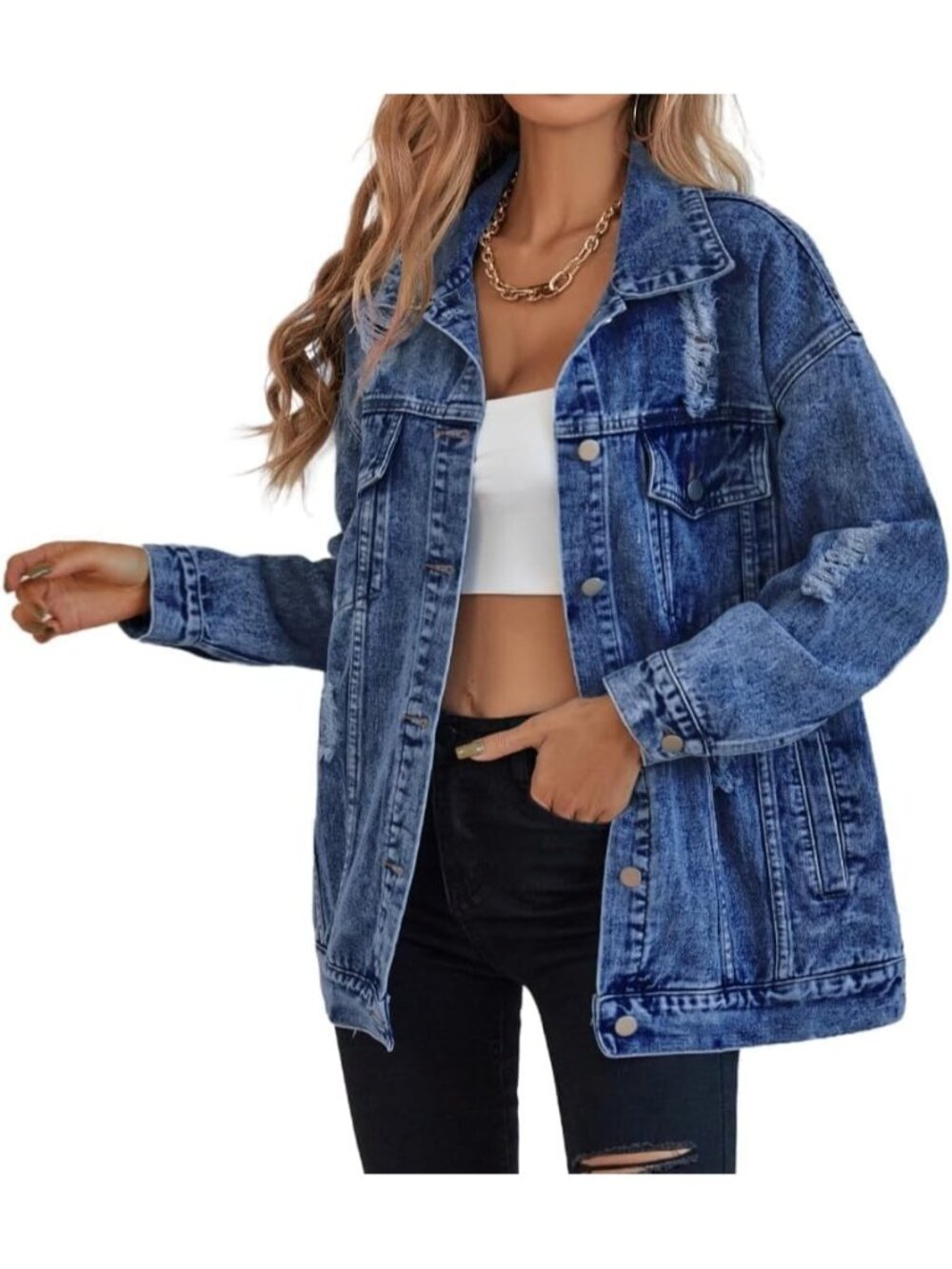 〽️Women Deep Blue Light Wash Oversized Distres Denim Boyfriend Fit Jean Jacket